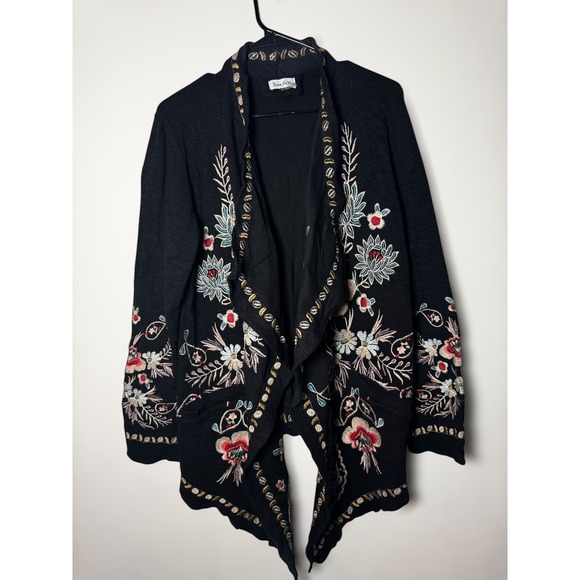 Time For Me Sweaters - Time for Me Black Floral Embroidered Waterfall Open Front Cardigan Boho Women